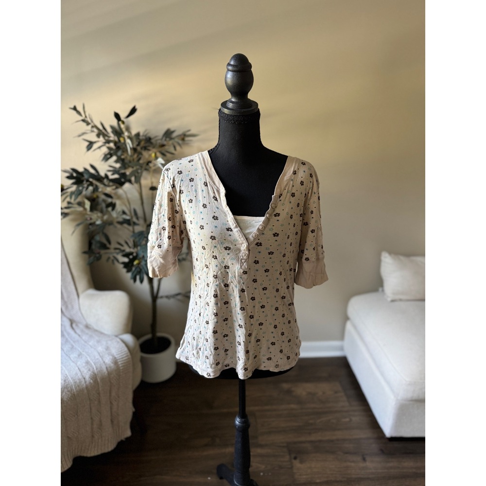 Bugle Boy Juniors Floral Henley Top Cream Brown Blue Ditsy Print Large Camisole